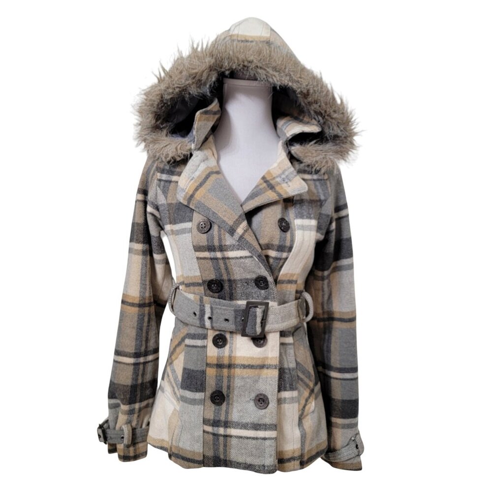Rue 21 Size S Gray Tan Cream Plaid Polyester Wool Blend Double Breasted Jacket
